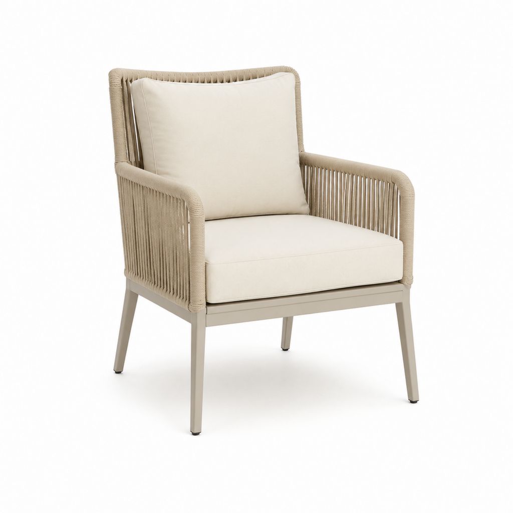 Poltrona da giardino beige in alluminio e corda intrecciata con cuscini 68 x 75 x 85 cm