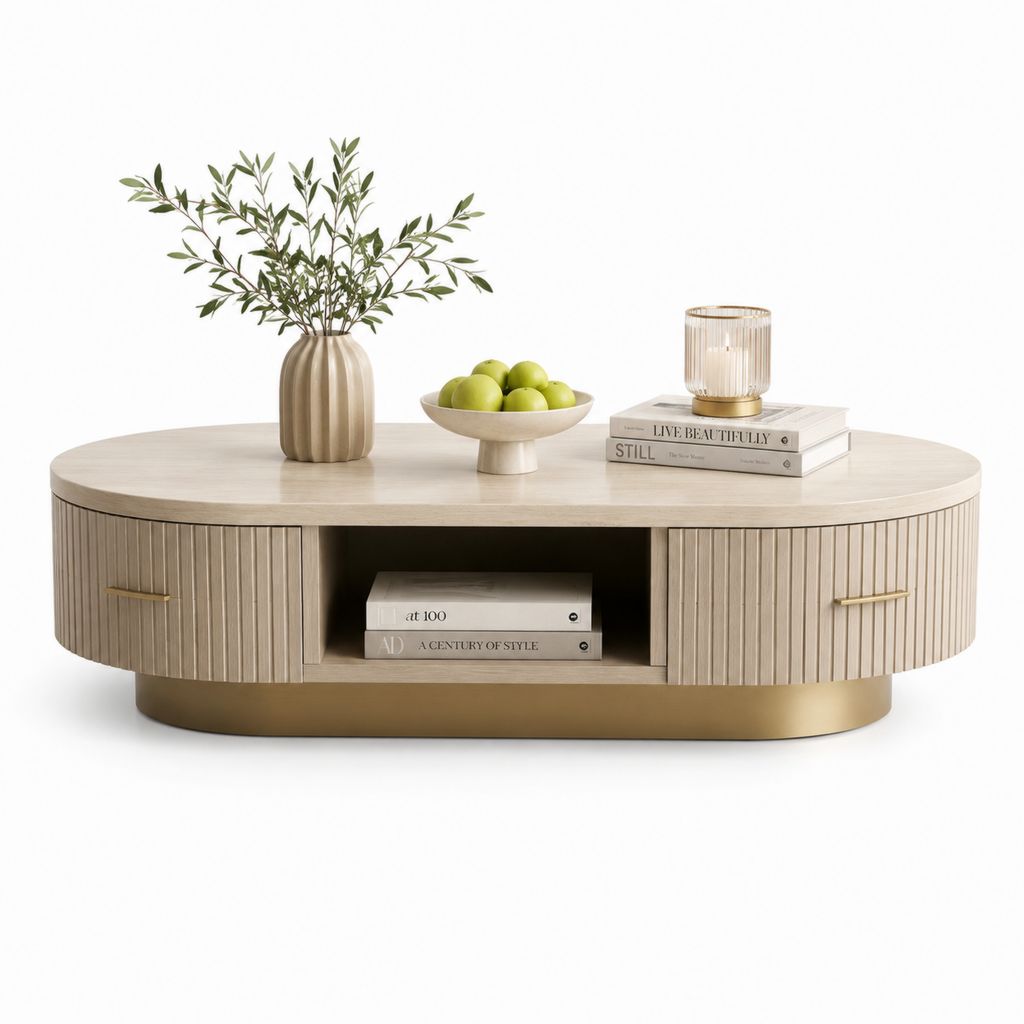 Tavolino da caffè ovale beige in pannello MDF impiallacciato con 2 ante e vano a giorno 120 x 60 x 42 cm