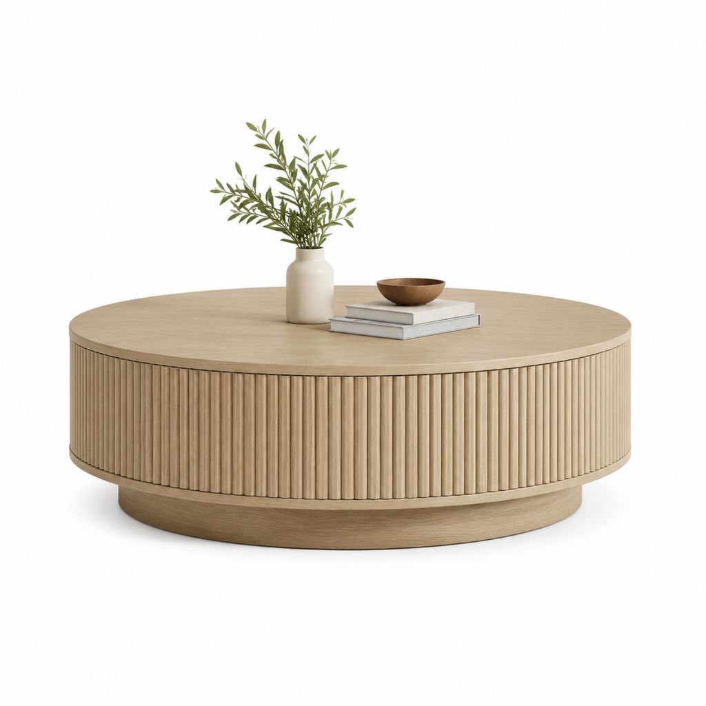 Tavolino da caffè rotondo beige in MDF impiallacciato rovere con base scanalata Ø100 x 40 cm