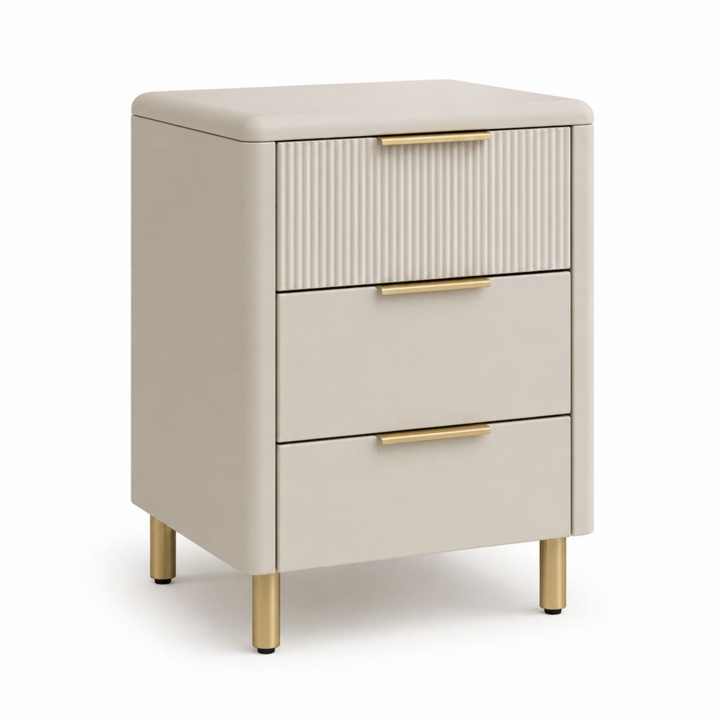 Comodino a 3 cassetti beige in MDF laccato con gambe in acciaio 45 x 40 x 60 cm