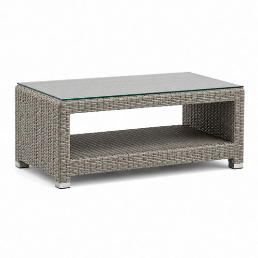 Tavolino da caffè rettangolare grigio in rattan PE e vetro temperato 100 x 60 x 45 cm
