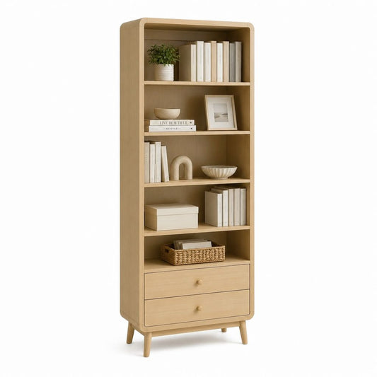 Libreria alta con 5 ripiani e 2 cassetti rovere chiaro in MDF 80 x 35 x 190 cm