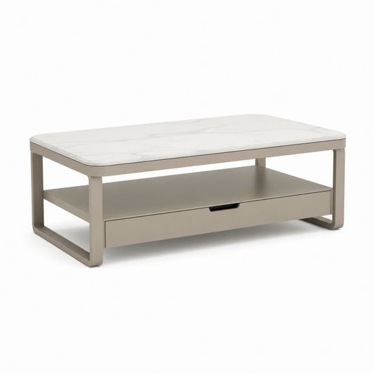Tavolino da caffè rettangolare beige con piano in ceramica effetto marmo 120 x 60 x 45 cm con cassetto