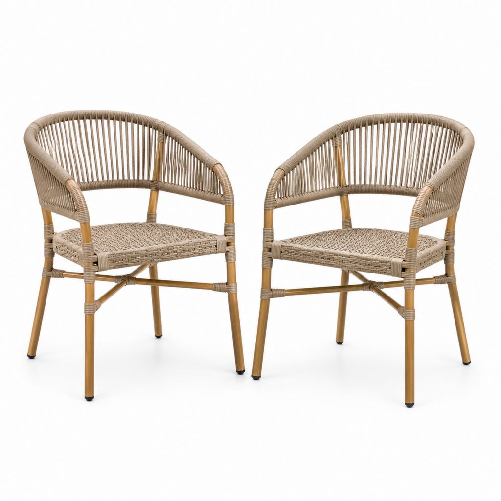 Set 2 sedie da giardino beige in rattan PE con struttura in acciaio effetto bambù 56 x 60 x 80 cm