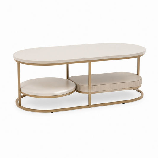 Tavolino da caffè ovale beige con ripiani in MDF e struttura in acciaio 120 x 60 x 45 cm