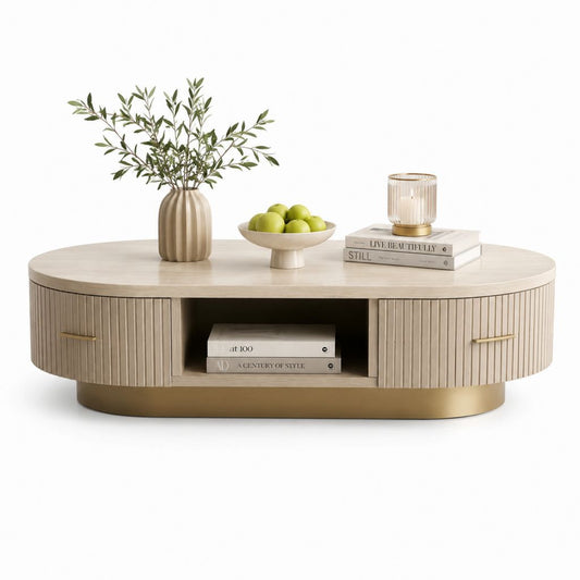 Tavolino da caffè ovale beige in pannello MDF impiallacciato con 2 ante e vano a giorno 120 x 60 x 42 cm