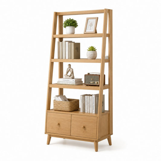 Libreria a scala con 4 ripiani e 2 cassetti color rovere in MDF impiallacciato 80 x 40 x 180 cm
