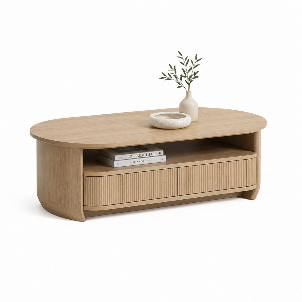 Tavolino da caffè ovale rovere chiaro in MDF impiallacciato 120 x 60 x 45 cm con cassetto e vano aperto