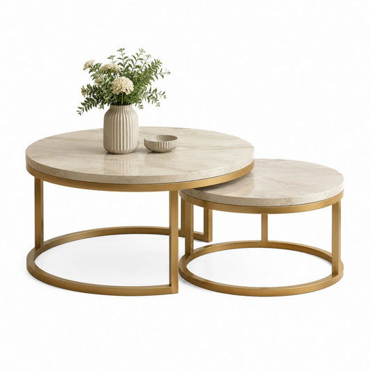 Set 2 tavolini da caffè rotondi beige in pietra sinterizzata e acciaio inox dorato Ø80 x 45 cm Ø60 x 38 cm