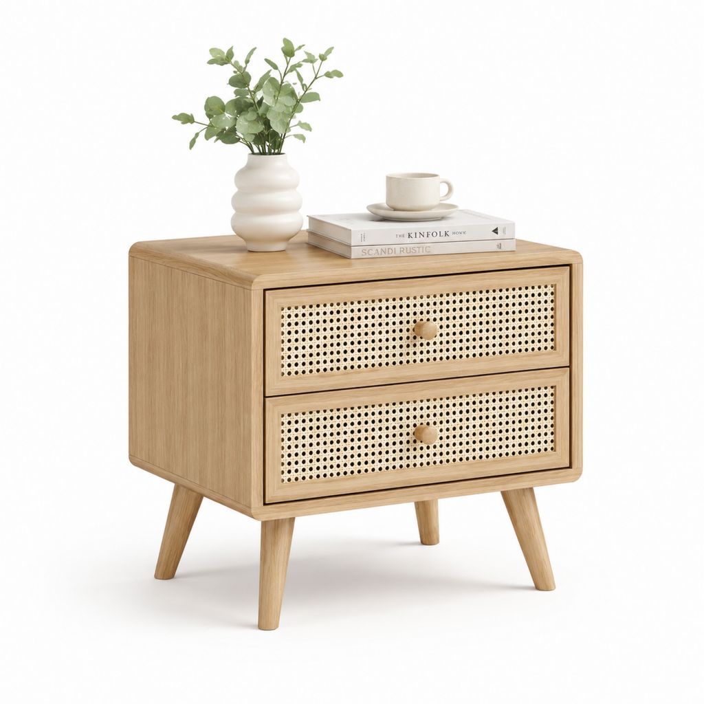 Comodino a 2 cassetti in rovere e rattan naturale 60 x 40 x 60 cm