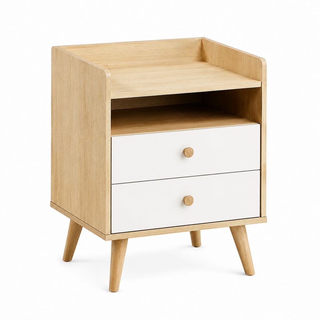 Comodino con 2 cassetti e vano aperto bianco e rovere 40 x 35 x 60 cm