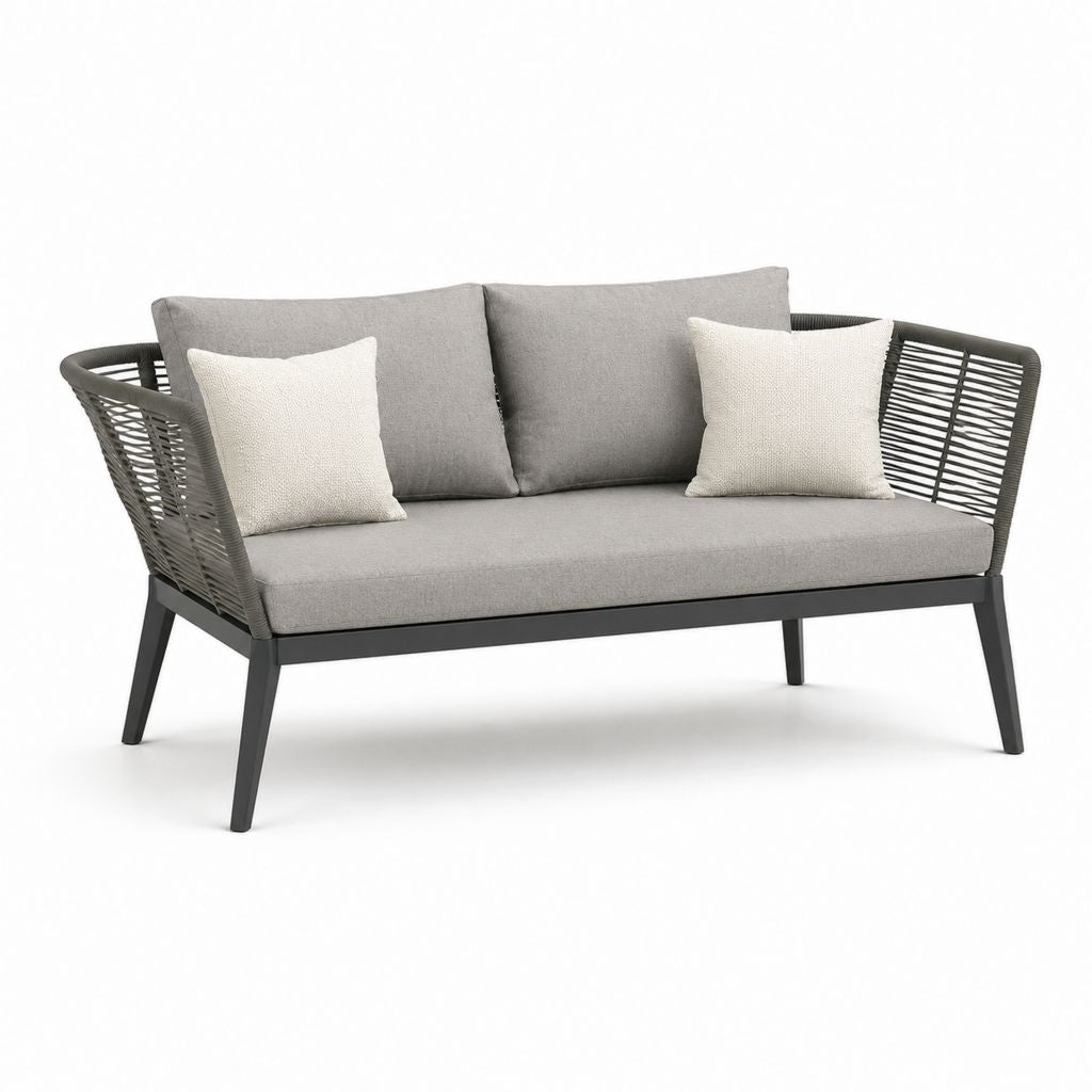 Divanetto da giardino 2 posti rettangolare grigio con struttura in alluminio e corda in PP 140 x 75 x 80 cm