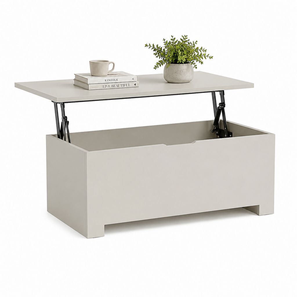 Tavolino da caffè contenitore sollevabile beige in MDF rettangolare 100 x 50 x 45 cm