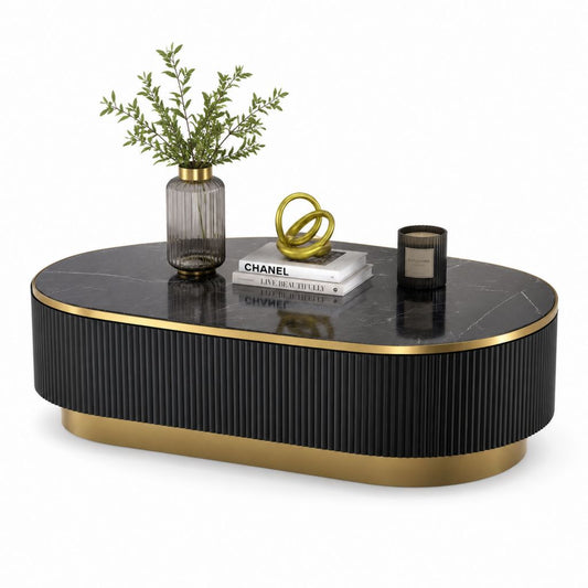 Tavolino da caffè ovale nero effetto marmo con base scanalata dorata in vetro temperato e MDF 120 x 60 x 42 cm