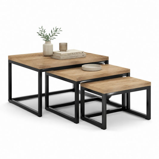 Set di 3 tavolini da caffè quadrati rovere e acciaio nero 80 x 80 x 45 cm