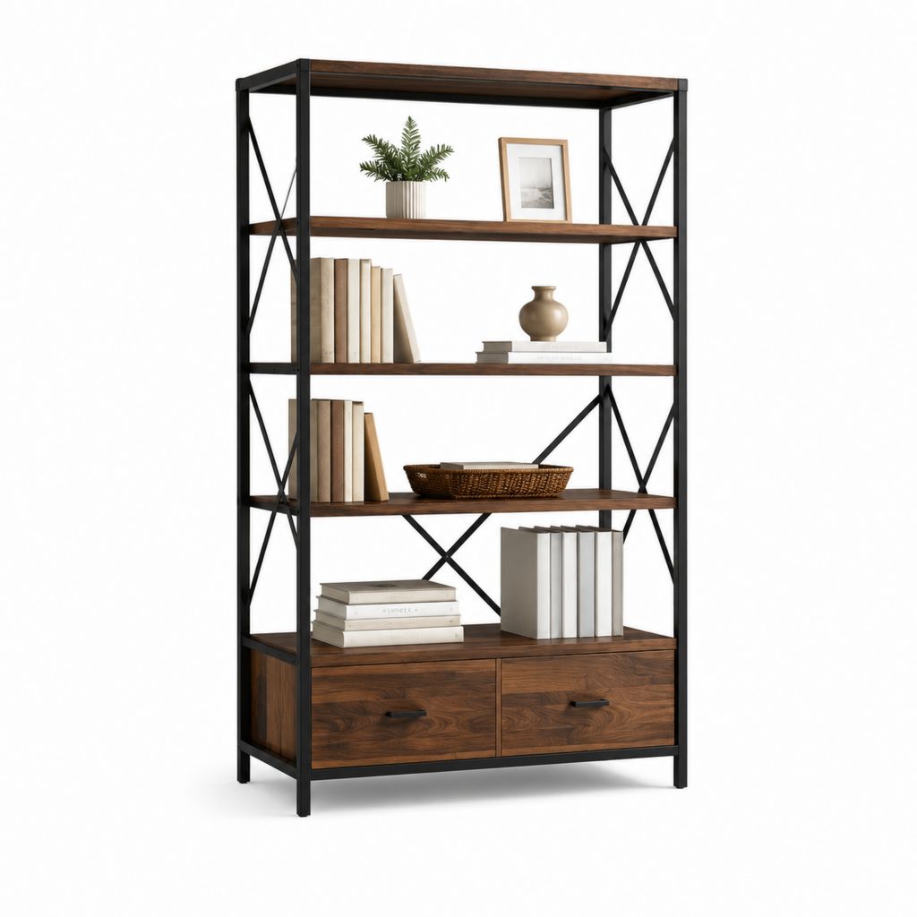 Libreria a 5 ripiani con 2 cassetti marrone noce e nero in pannello truciolare e acciaio 120 x 35 x 200 cm