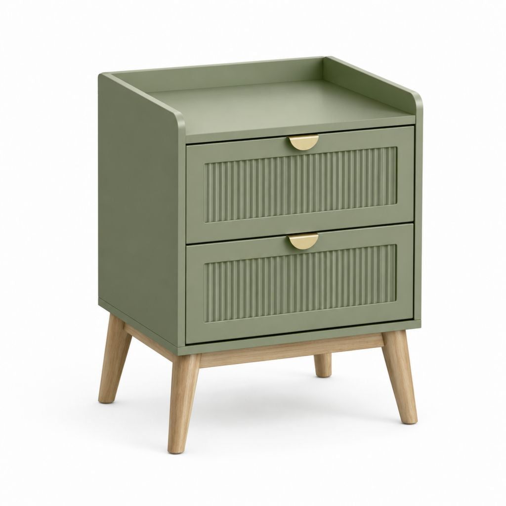 Comodino con 2 cassetti verde salvia in MDF e gambe in legno massello 45 x 40 x 60 cm