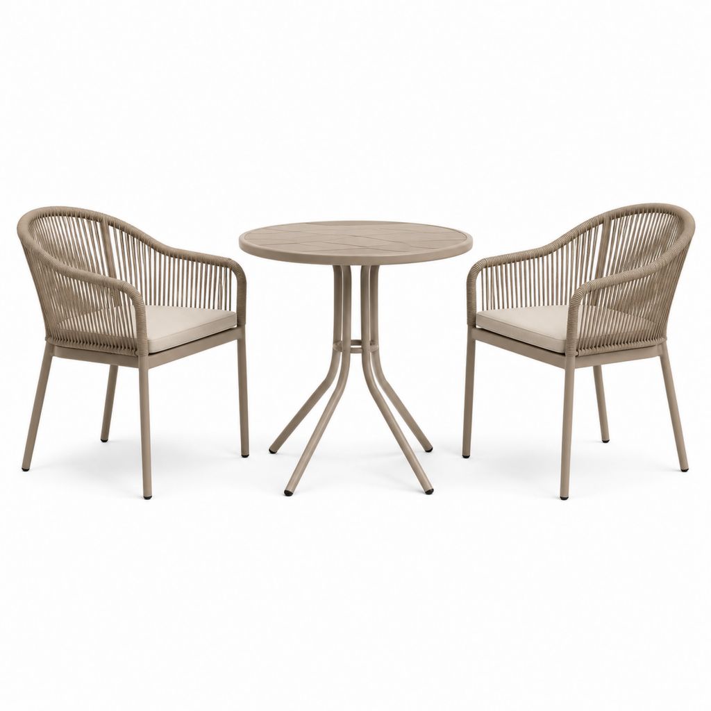 Set tavolo da giardino rotondo con 2 sedie beige in alluminio e corda sintetica Ø 70 x 74 cm