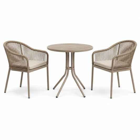 Set tavolo da giardino rotondo con 2 sedie beige in alluminio e corda sintetica Ø 70 x 74 cm